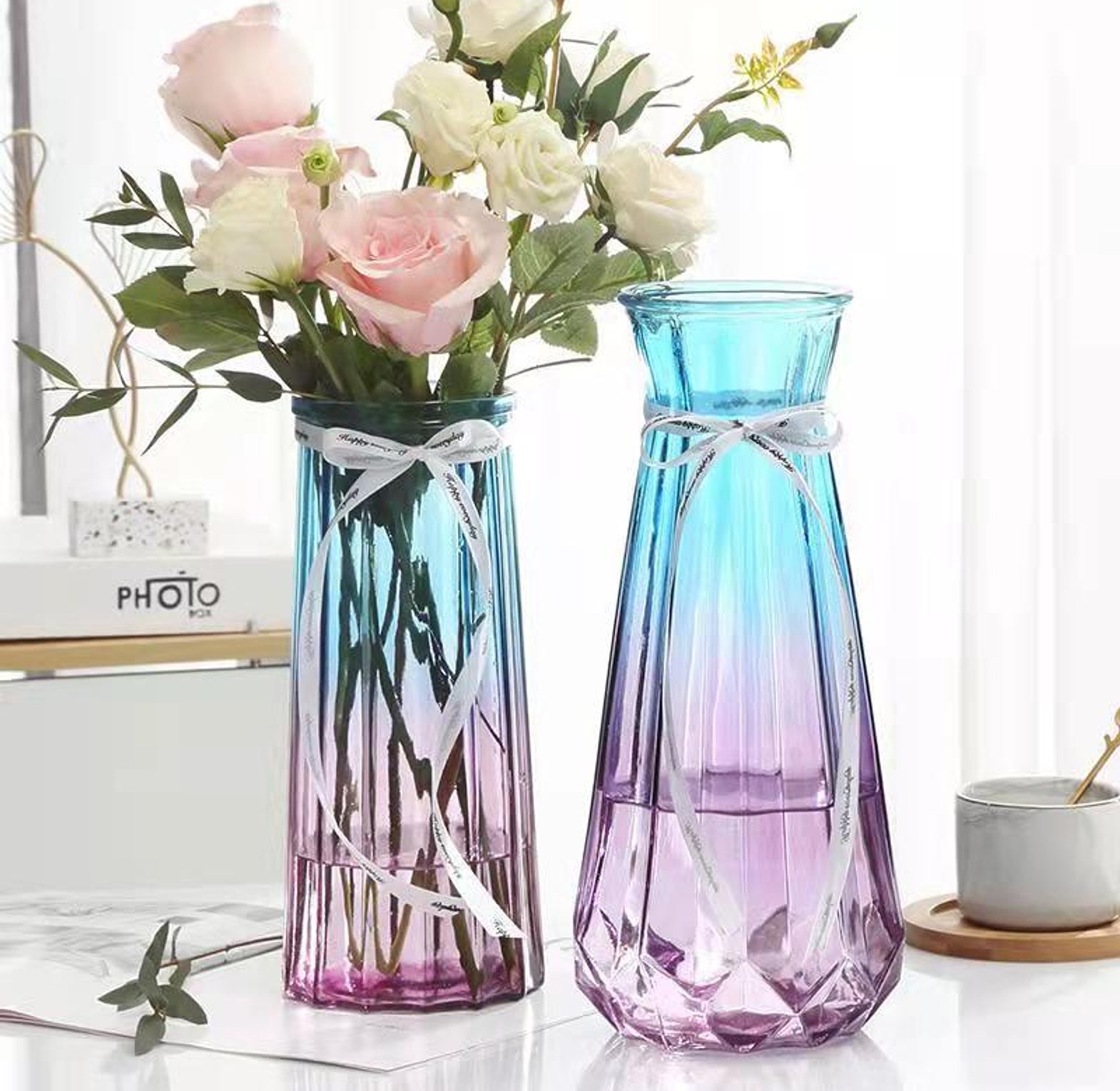 Nordic Style Geometric Glass Flower Vase with Gradient Finish image