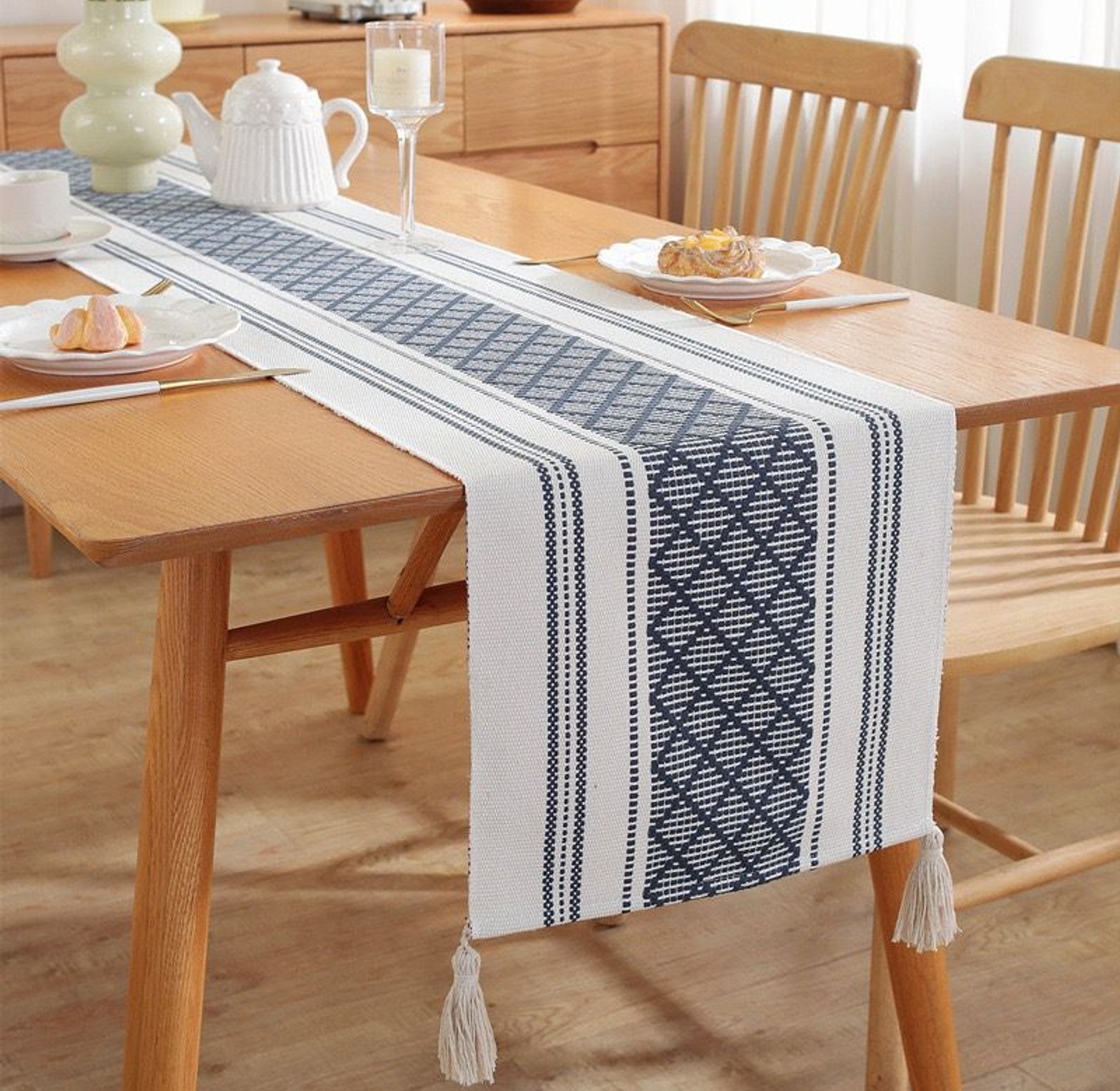 Simple Yarn-dyed Tassel Cotton Linen Table Mat Tablecloth image