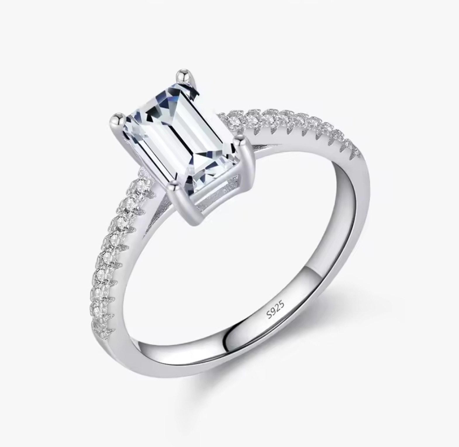 Emerald Cut Sterling Silver Cubic Zirconia Engagement Proposal Promise Ring  image