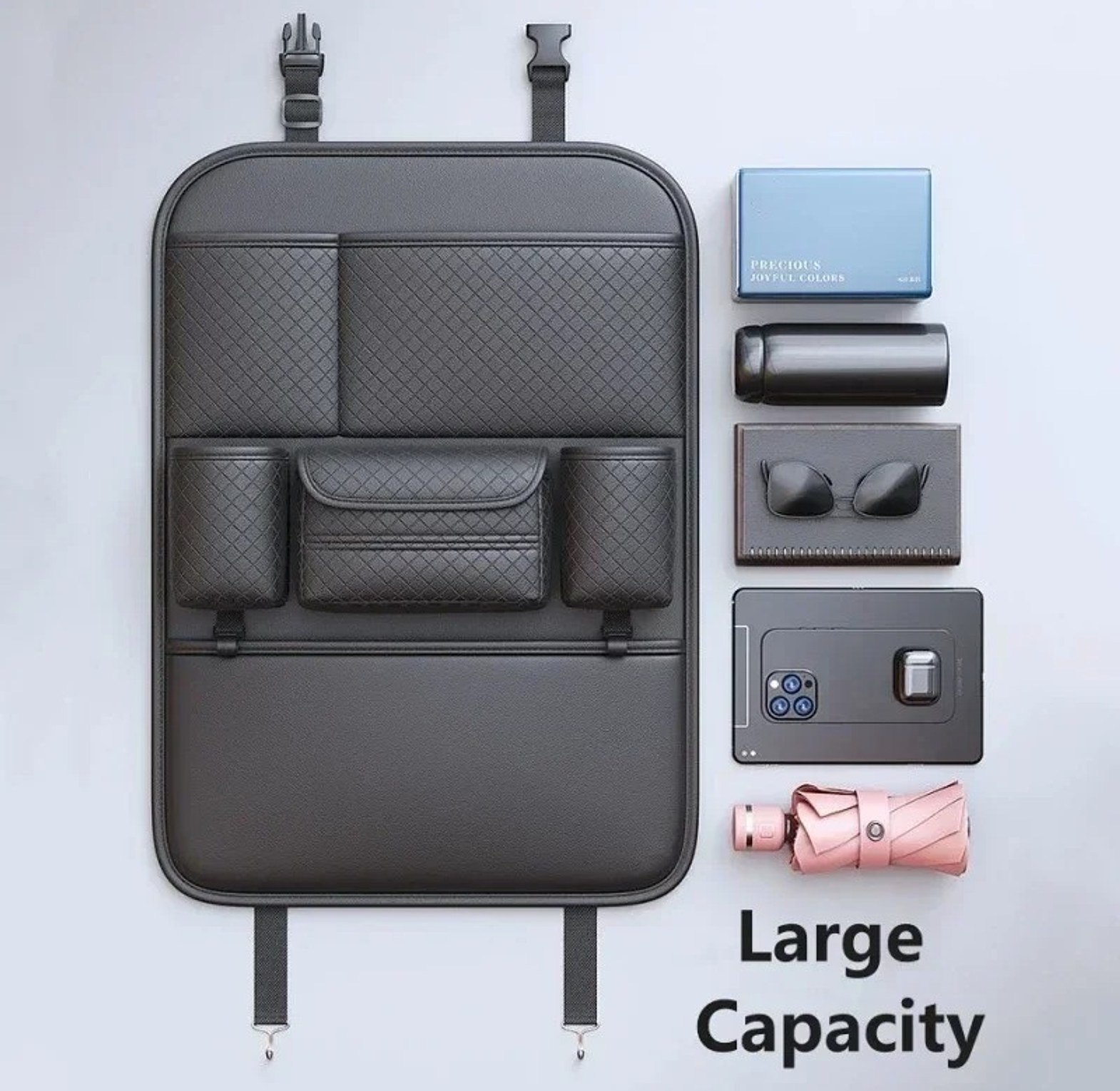 Universal Leather Car Backseat Organizer & Kick Mat Protector with Tissue Holder - Premium Interior Storage for SUVs & Sedans image