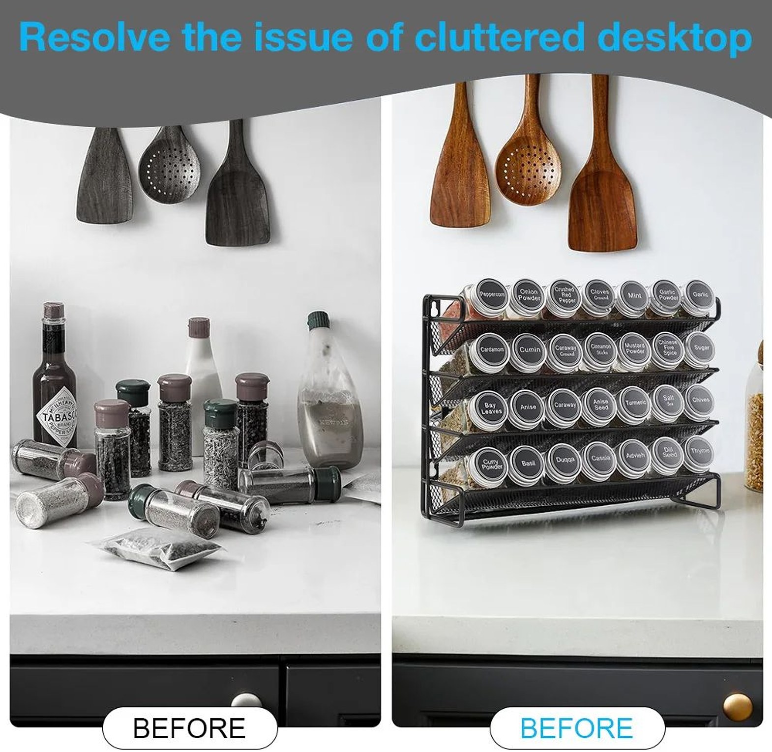 4-Tier Metal Spice Rack with 28 Glass Bottles, Labels & Pen – Durable Kitchen Organizer image