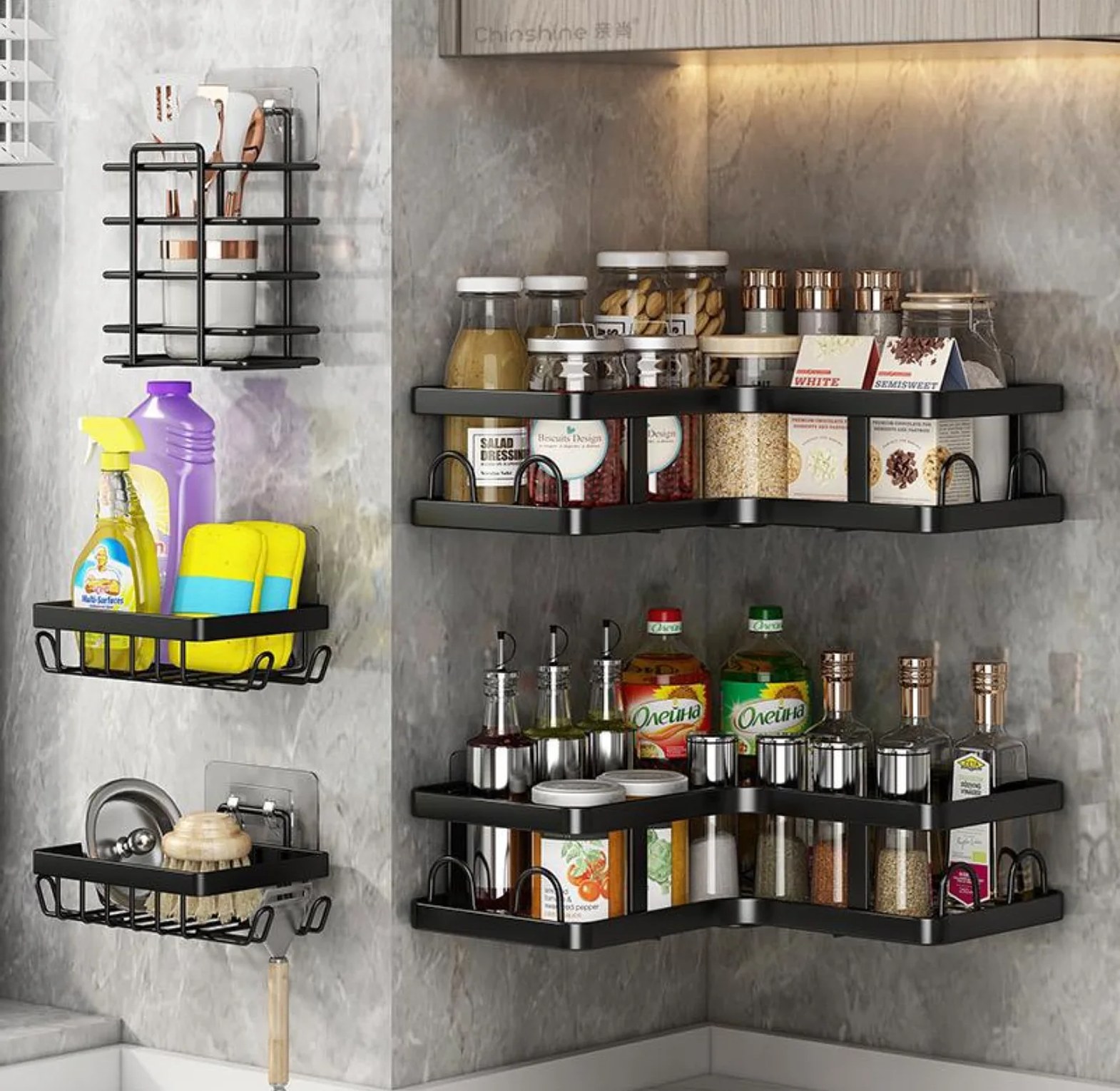Multipurpose 5-Piece Black Triangular & Rectangular No-Drill Wall Organizer Set image