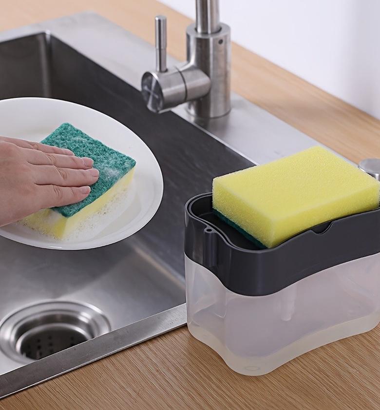 2-in-1 Dishwashing Liquid Soap Dispenser Pump and Sponge Holder Organizer – Kitchen Sink Countertop Space Saver image