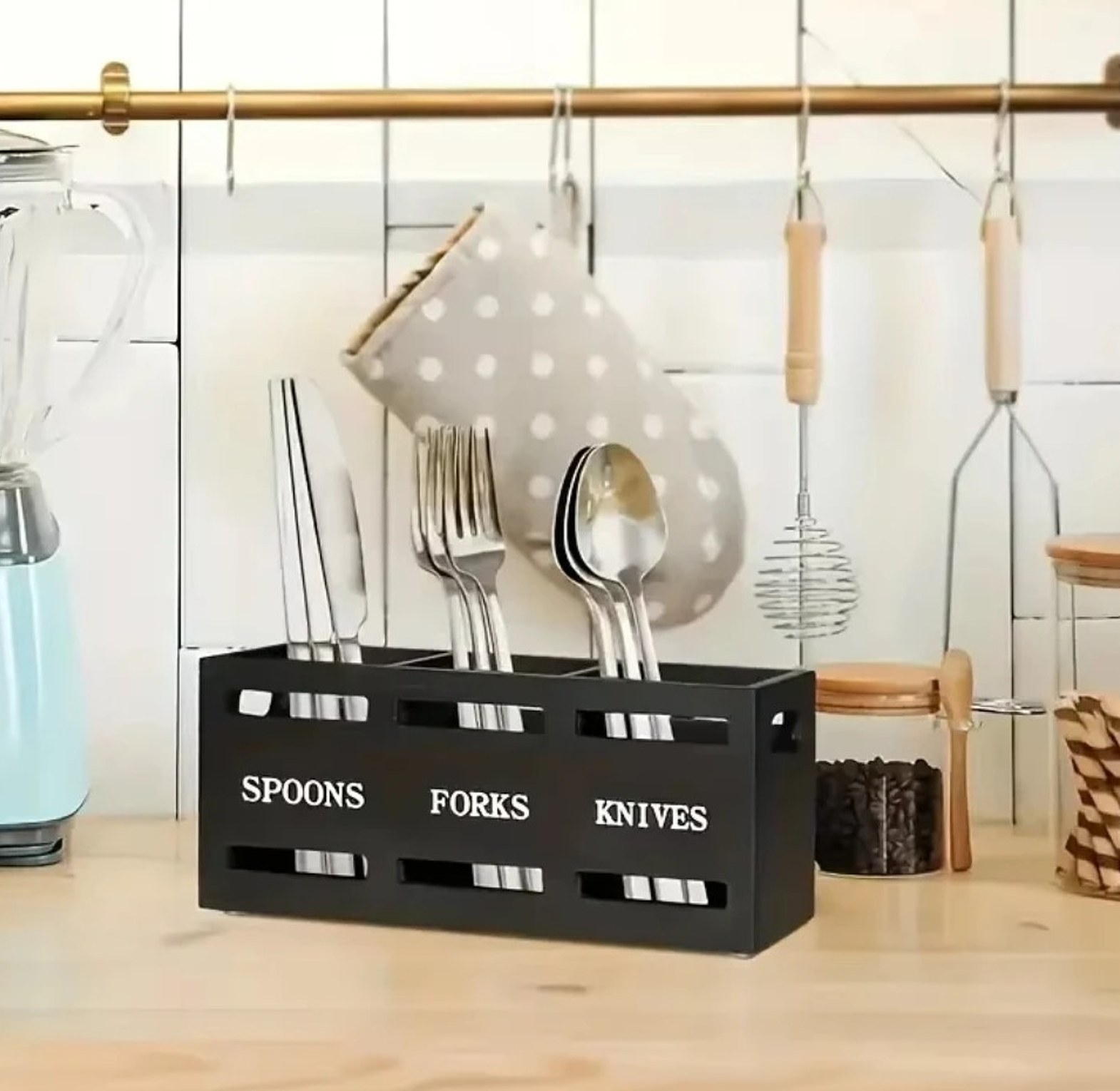 Wooden partitioned cutlery/utensils holder image