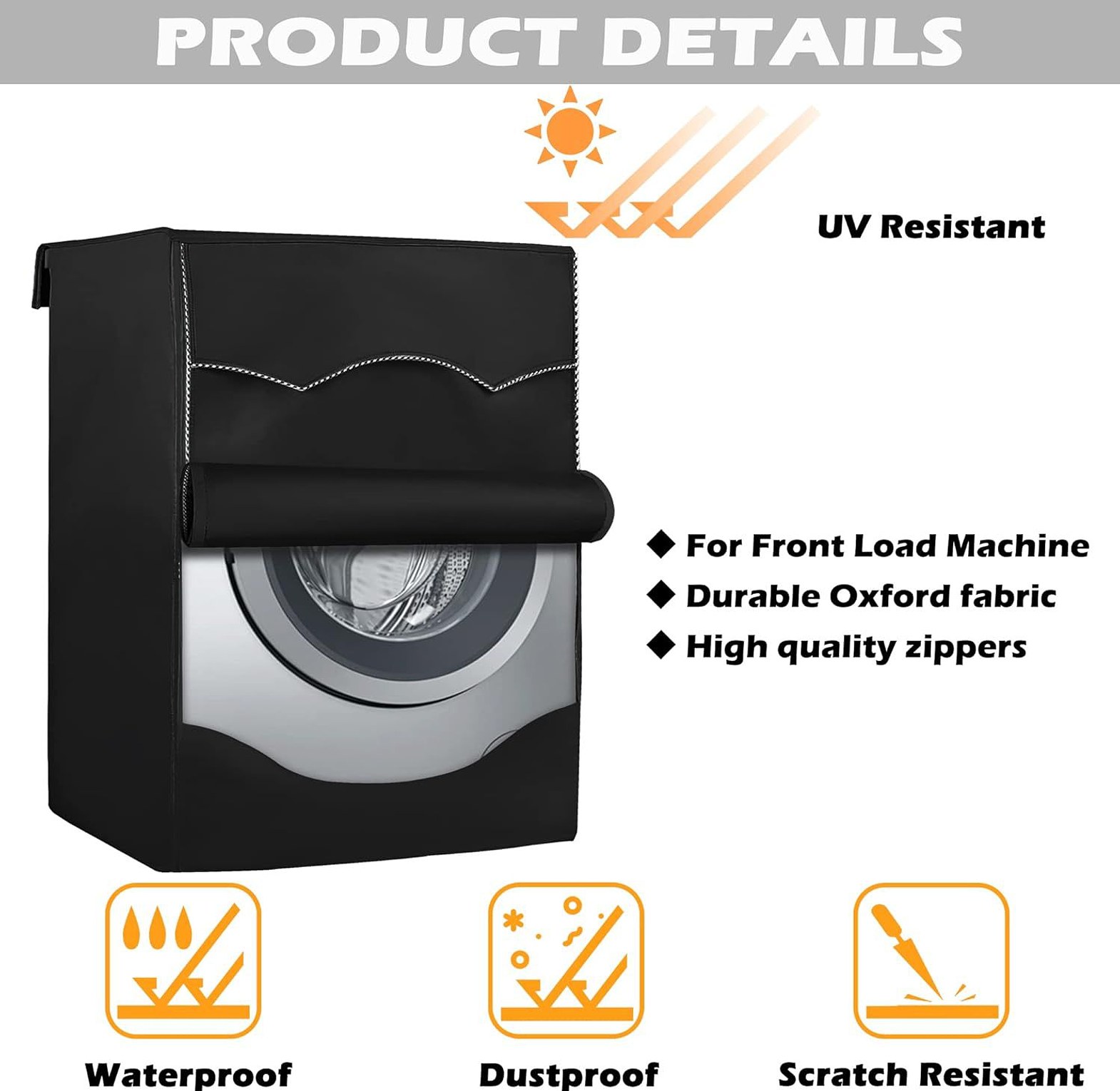 Black front load washing machine cover, sunproof and waterproof, size 85×65×60 cm, no zipper. image
