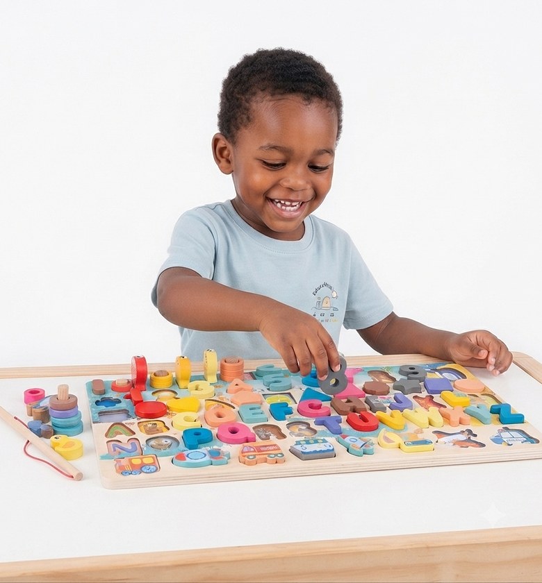 5-in-1 Educational Wooden Montessori Learning Board, Alphabet, Numbers & Counting Puzzle Set for Toddlers image