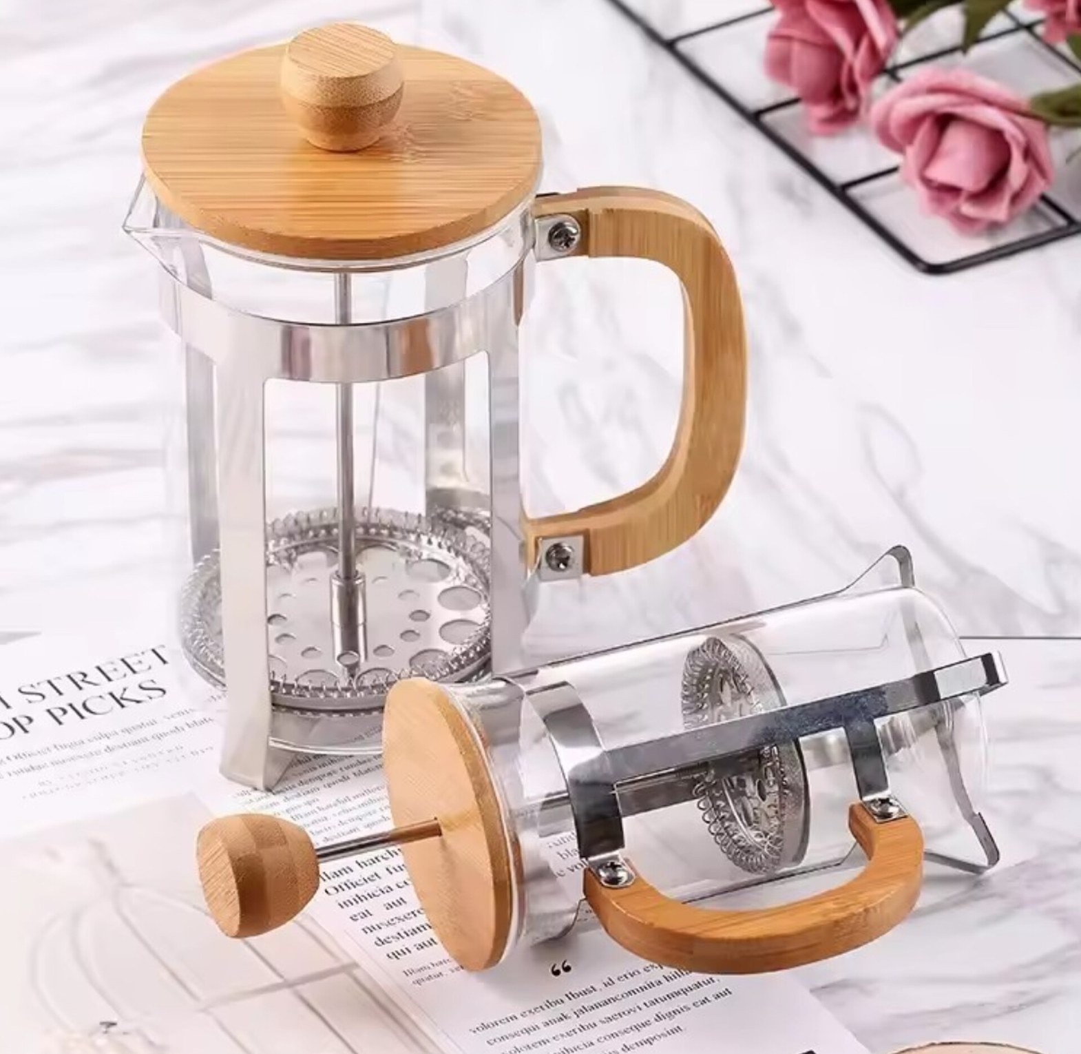 800ml Bamboo French Press Coffee & Tea Maker - Heat Resistant Borosilicate Glass Plunger with Eco-Friendly Wood Finish image