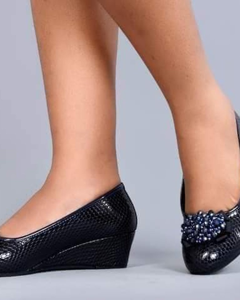 Turkish Pure Leather Navy Blue Wedge Shoes image